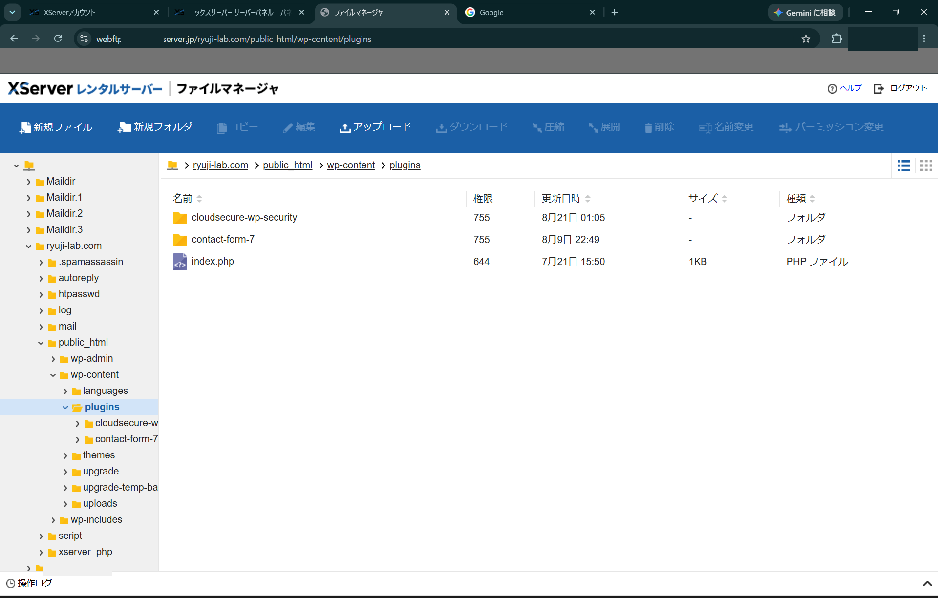 ファイルマネージャでpluginsフォルダを開いた画面